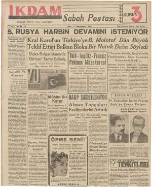    RE GUNLUK SİYASİ HALK GAZETESİ Yılkı No, 88 —?212 Sabah Postası SALI - 7 - İkinciteşrin - 1939 4 I Naa KUR Telg. İstanbul