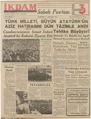 İkdam (Sabah Postası) Gazetesi 11 Kasım 1939 kapağı