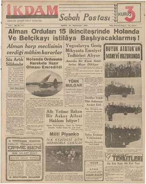 İkdam (Sabah Postası) Gazetesi 12 Kasım 1939 kapağı