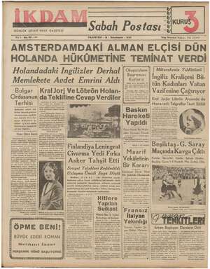 İkdam (Sabah Postası) Gazetesi 13 Kasım 1939 kapağı