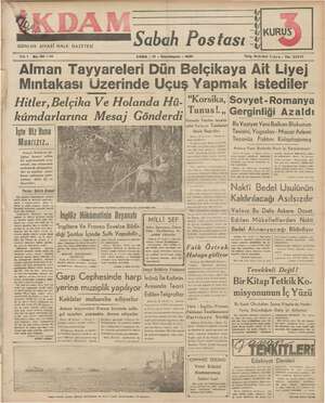 İkdam (Sabah Postası) Gazetesi 17 Kasım 1939 kapağı