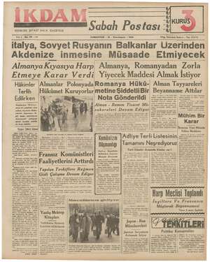 İkdam (Sabah Postası) Gazetesi 18 Kasım 1939 kapağı