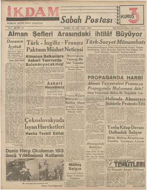 İkdam (Sabah Postası) Gazetesi 19 Kasım 1939 kapağı