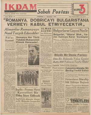 İkdam (Sabah Postası) Gazetesi 20 Kasım 1939 kapağı