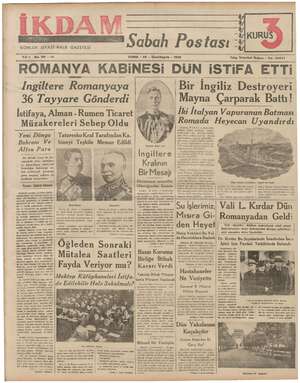    GUNLUK SİYASİ HALK GAZETESİ Sabah Postası “ KURUS Ec gi 1 No.101 —2i2 CUMA - 24 - İkinciteşrin - 1939 Telg. İstanbul Ikdam