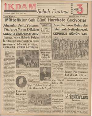 İkdam (Sabah Postası) Gazetesi 26 Kasım 1939 kapağı