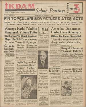 İkdam (Sabah Postası) Gazetesi 27 Kasım 1939 kapağı