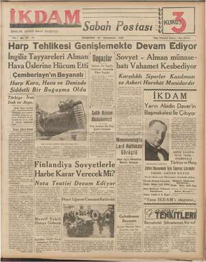 İkdam (Sabah Postası) Gazetesi 30 Kasım 1939 kapağı