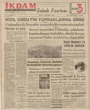 İkdam (Sabah Postası) Gazetesi 1 Aralık 1939 kapağı