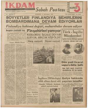 İkdam (Sabah Postası) Gazetesi 2 Aralık 1939 kapağı