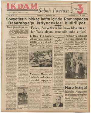 İkdam (Sabah Postası) Gazetesi 4 Aralık 1939 kapağı