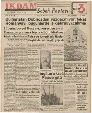 İkdam (Sabah Postası) Gazetesi 5 Aralık 1939 kapağı