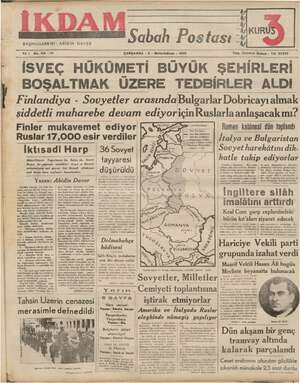 İkdam (Sabah Postası) Gazetesi 6 Aralık 1939 kapağı