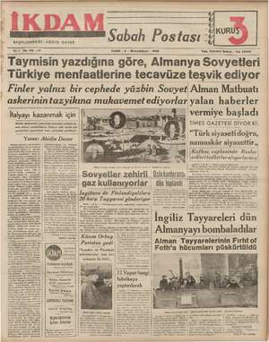 İkdam (Sabah Postası) Gazetesi 8 Aralık 1939 kapağı