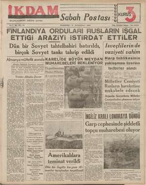 İkdam (Sabah Postası) Gazetesi 11 Aralık 1939 kapağı