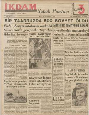 İkdam (Sabah Postası) Gazetesi 12 Aralık 1939 kapağı