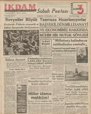 İkdam (Sabah Postası) Gazetesi 13 Aralık 1939 kapağı
