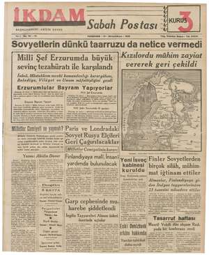 İkdam (Sabah Postası) Gazetesi 14 Aralık 1939 kapağı