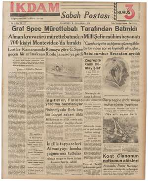 İkdam (Sabah Postası) Gazetesi 18 Aralık 1939 kapağı