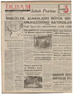 İkdam (Sabah Postası) Gazetesi 19 Aralık 1939 kapağı