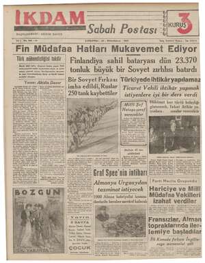 İkdam (Sabah Postası) Gazetesi 20 Aralık 1939 kapağı
