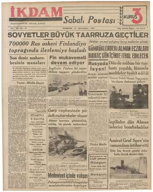 İkdam (Sabah Postası) Gazetesi 21 Aralık 1939 kapağı