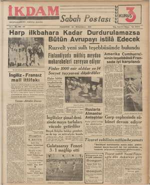 İkdam (Sabah Postası) Gazetesi 25 Aralık 1939 kapağı