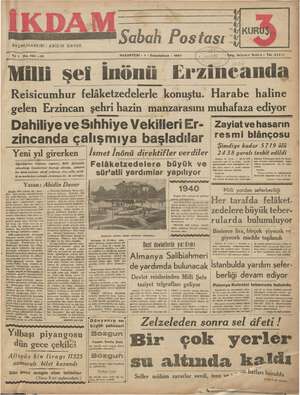 İkdam (Sabah Postası) Gazetesi 1 Ocak 1940 kapağı
