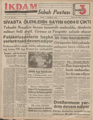 İkdam (Sabah Postası) Gazetesi 7 Ocak 1940 kapağı