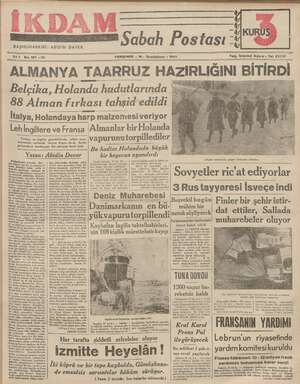 İkdam (Sabah Postası) Gazetesi 18 Ocak 1940 kapağı