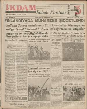İkdam (Sabah Postası) Gazetesi 20 Ocak 1940 kapağı