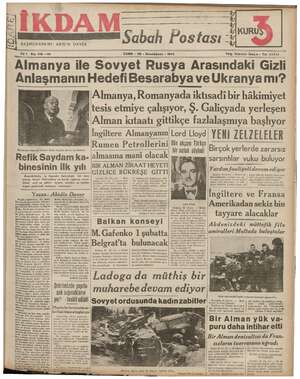 İkdam (Sabah Postası) Gazetesi 26 Ocak 1940 kapağı