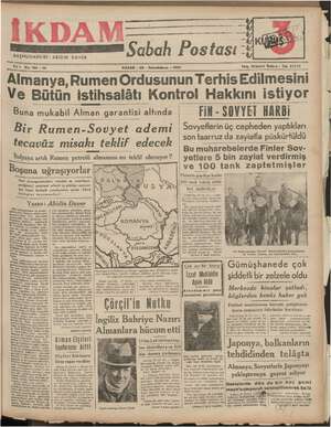 İkdam (Sabah Postası) Gazetesi 28 Ocak 1940 kapağı