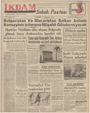 İkdam (Sabah Postası) Gazetesi 31 Ocak 1940 kapağı