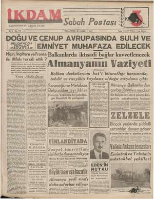 İkdam (Sabah Postası) Gazetesi 5 Şubat 1940 kapağı