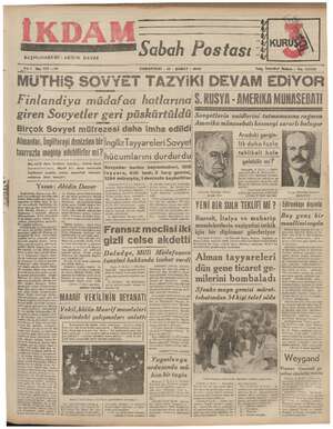 İkdam (Sabah Postası) Gazetesi 10 Şubat 1940 kapağı