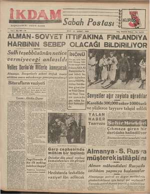 İkdam (Sabah Postası) Gazetesi 13 Şubat 1940 kapağı