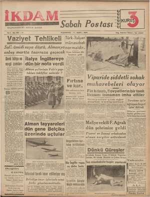    BAŞMUHARRERİ : ABİDIN DAVER Sabah Postası KURU w Yıl 1 No. 195 —212 PAZARTESİ - 4 - MART - 1940 Telg. İstanbul İkdam - Tel.