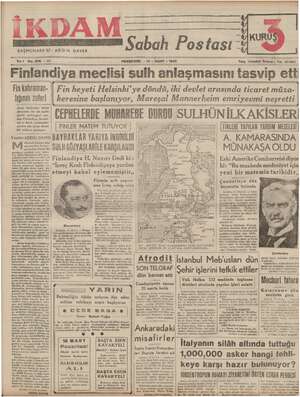    KDAM BAŞMUHARR Rİ : ABİDİN DAVER Sabah Postası AKURU bi em (1 GS Yıl1 No. 205 —2i2 PERŞEMBE - 14 - MART - 1940 Telg....