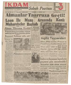    GUNLUK SİYASİ HALK GAZETESİ Yıl1 No.299 zı - Başmuharriri ı ABİDİN DAVER Sabah Postası PERŞEMBE - 6 - HAZİRAN » 1940 — mi