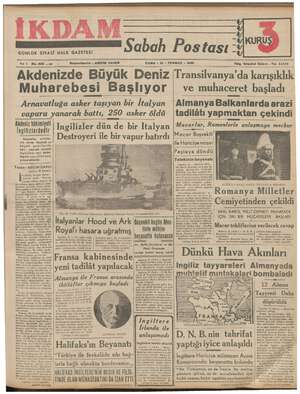    GUNLUK SİYASİ HALK GAZETESİ Sabah Postası - KURUŞ >. w Yıl 1 No.335 ı ABİDİN DAVER . Başmuhat CUMA - 12 - TEMMUZ - 1940...