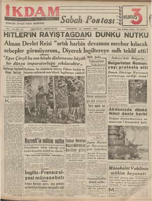    ha , Mına Sabah Postası V “ i Vali No san 3 Başmuharriri : ABİDİN DAVER CUMARTESİ - 20 - TEMMUZ - 1940 Telg. İstanbul İkdam