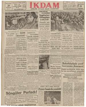 İkdam (Sabah Postası) Gazetesi 21 Nisan 1941 kapağı