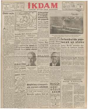İkdam (Sabah Postası) Gazetesi 1 Mayıs 1941 kapağı