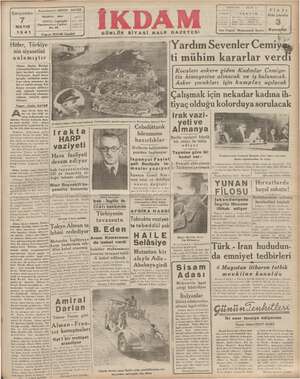 İkdam (Sabah Postası) Gazetesi 7 Mayıs 1941 kapağı
