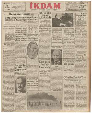 İkdam (Sabah Postası) Gazetesi 8 Mayıs 1941 kapağı