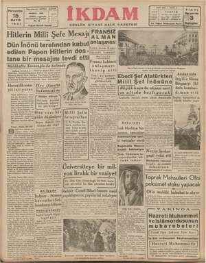 İkdam (Sabah Postası) Gazetesi 15 Mayıs 1941 kapağı