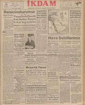 İkdam (Sabah Postası) Gazetesi 16 Mayıs 1941 kapağı
