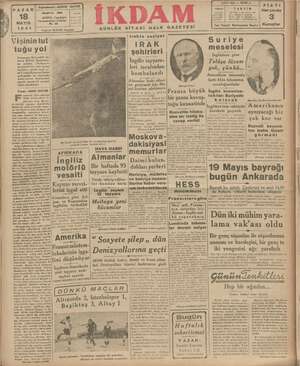 İkdam (Sabah Postası) Gazetesi 18 Mayıs 1941 kapağı