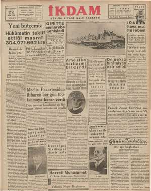 İkdam (Sabah Postası) Gazetesi 22 Mayıs 1941 kapağı